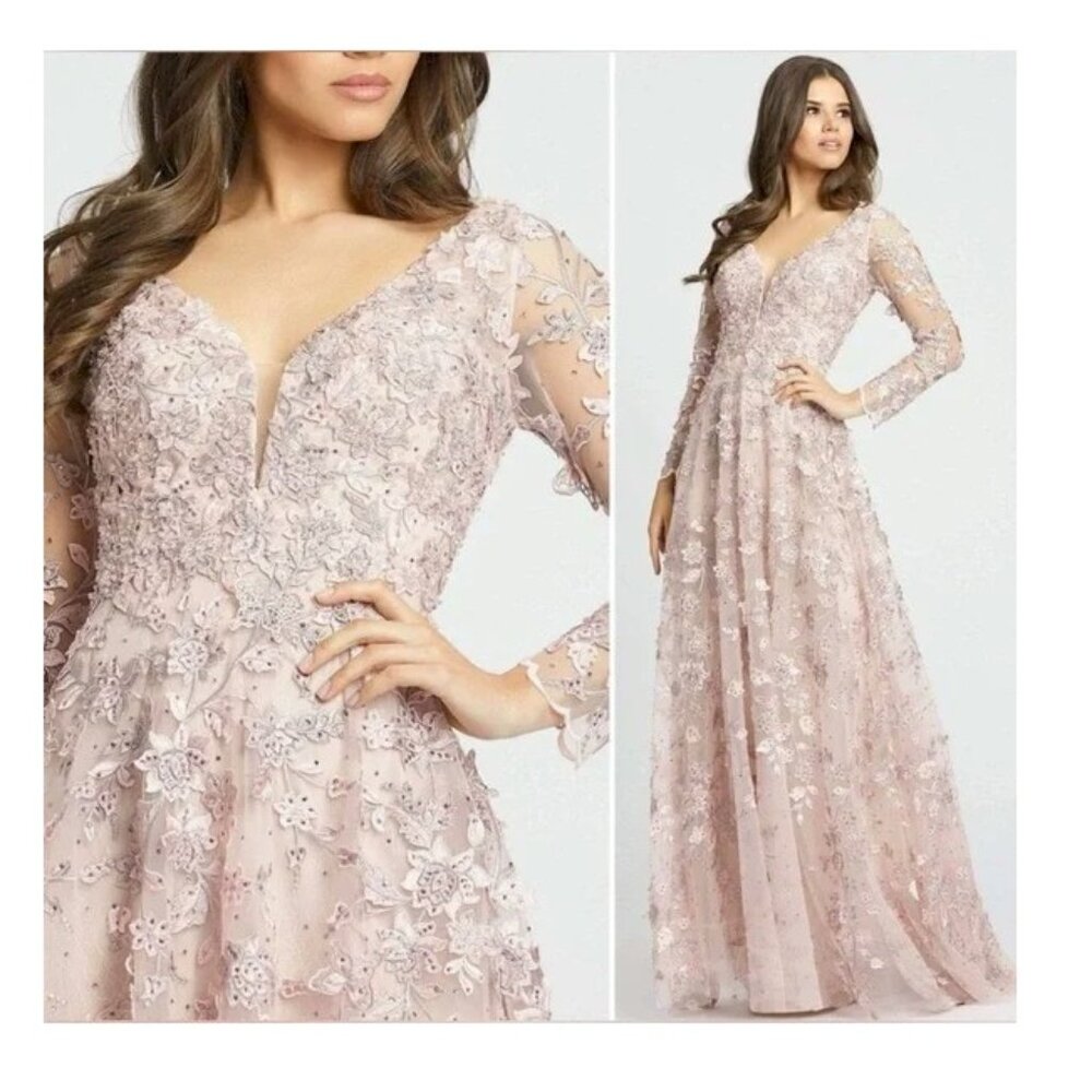 Mac Duggal Blush Pink Embellished Long Sleeve Maxi Gown - Picture 4 of 8